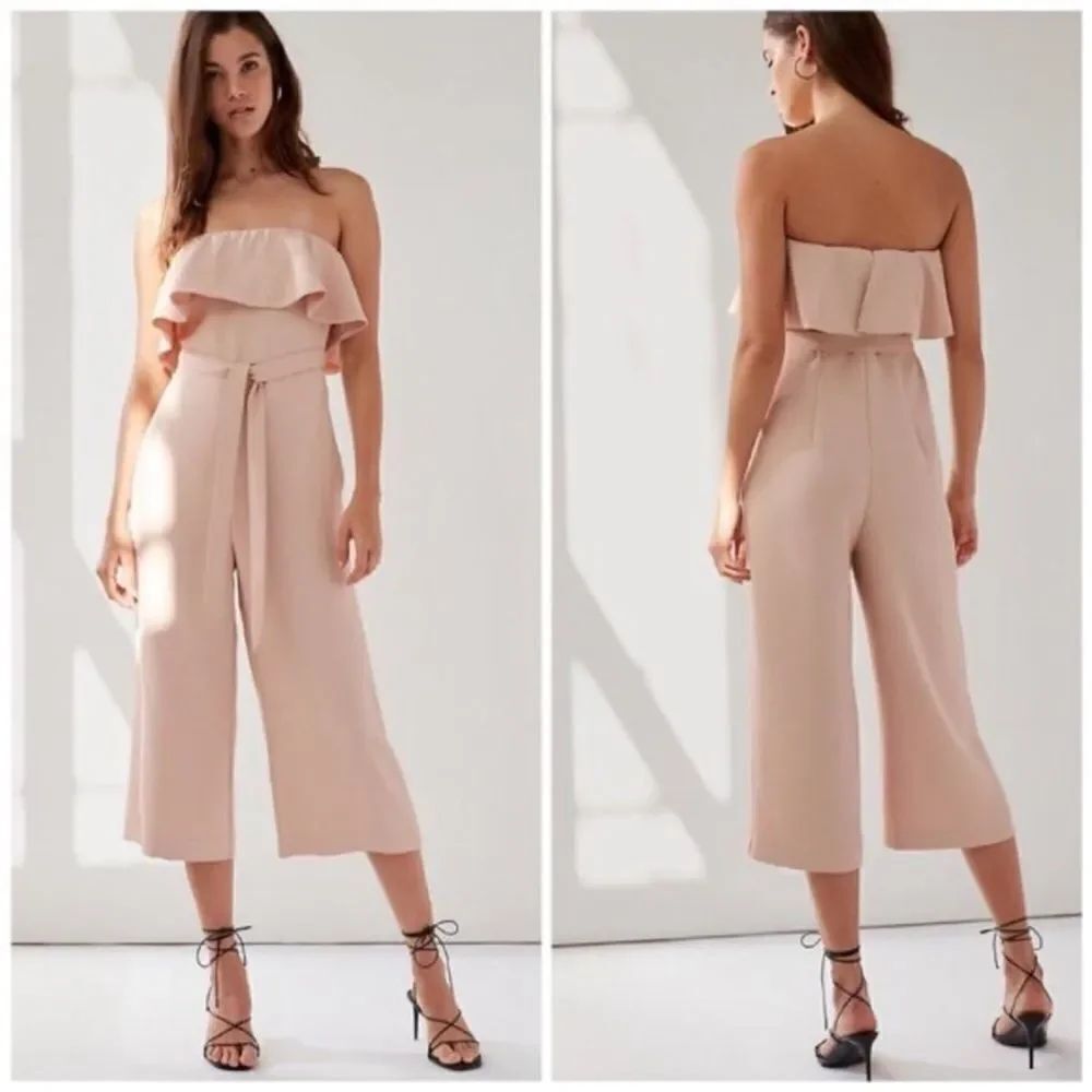 Aritzia Babaton Flutter Strapless Ruffle Cropped Wide Leg Jumpsuit Light Pink 4